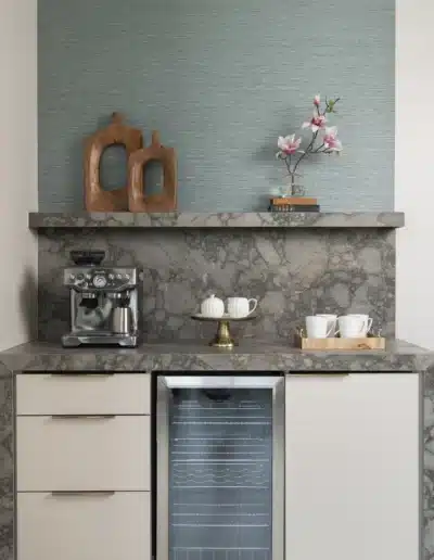 Luxury coffee and beverage bar counter in Elite Dermatology patient waiting suite. Luxury coffee and beverage bar counter in Elite Dermatology patient waiting suite.