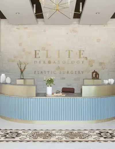 Wide shot of the custom curved reception desk for Elite Dermatology & Plastic Surgery. Wide shot of the custom curved reception desk for Elite Dermatology & Plastic Surgery.